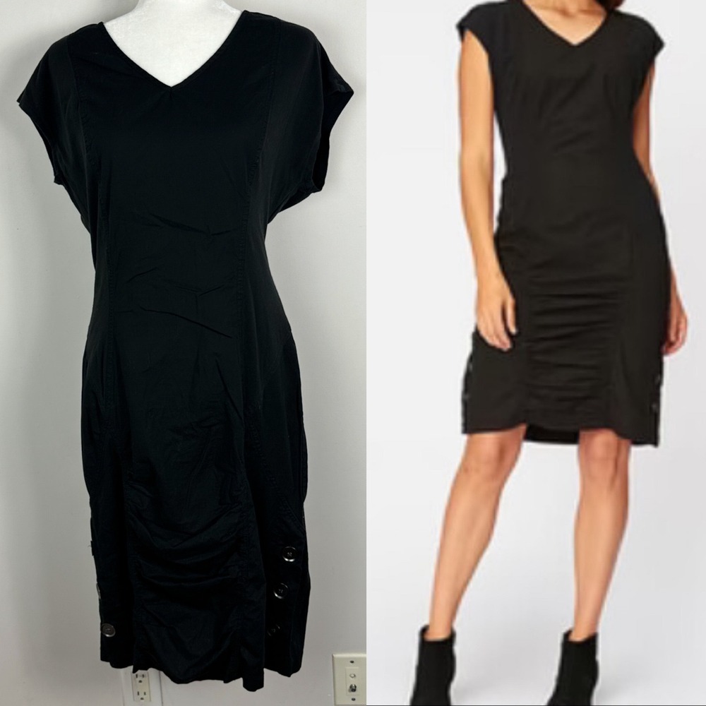 XCVI Black Ruched Side Button Poplin Midi Dress Womens‎ Size Medium Style 3326T